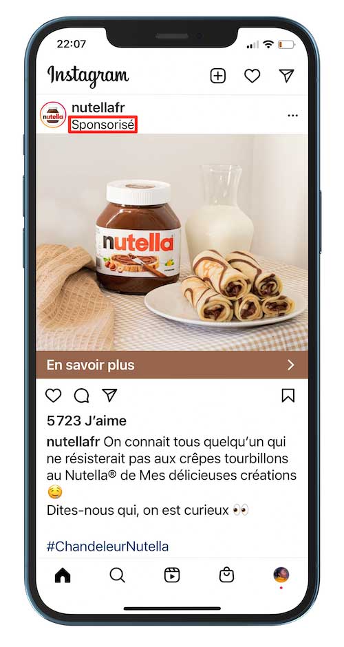 Une publicité Instagram pour Nutella.